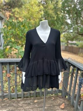 Zara Woman Black Tiered Ruffle Dress Size XS Sheer Sleeve V Neck Boho (G-1790)